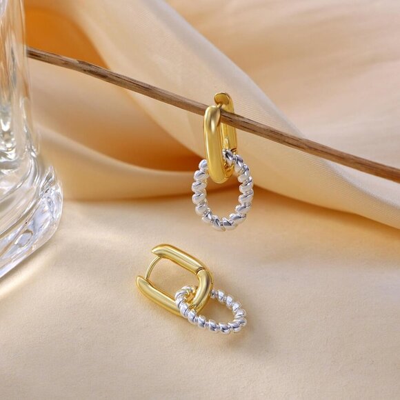 Silver Plated Hoop Earrings Women Double Two Tone Jewelry Gifts Safe - Picture 6 of 7